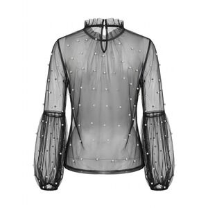Biashe Mesh Top Womens M Black Pearl Embellished Ruffle Neck Bishop Sleeve Goth